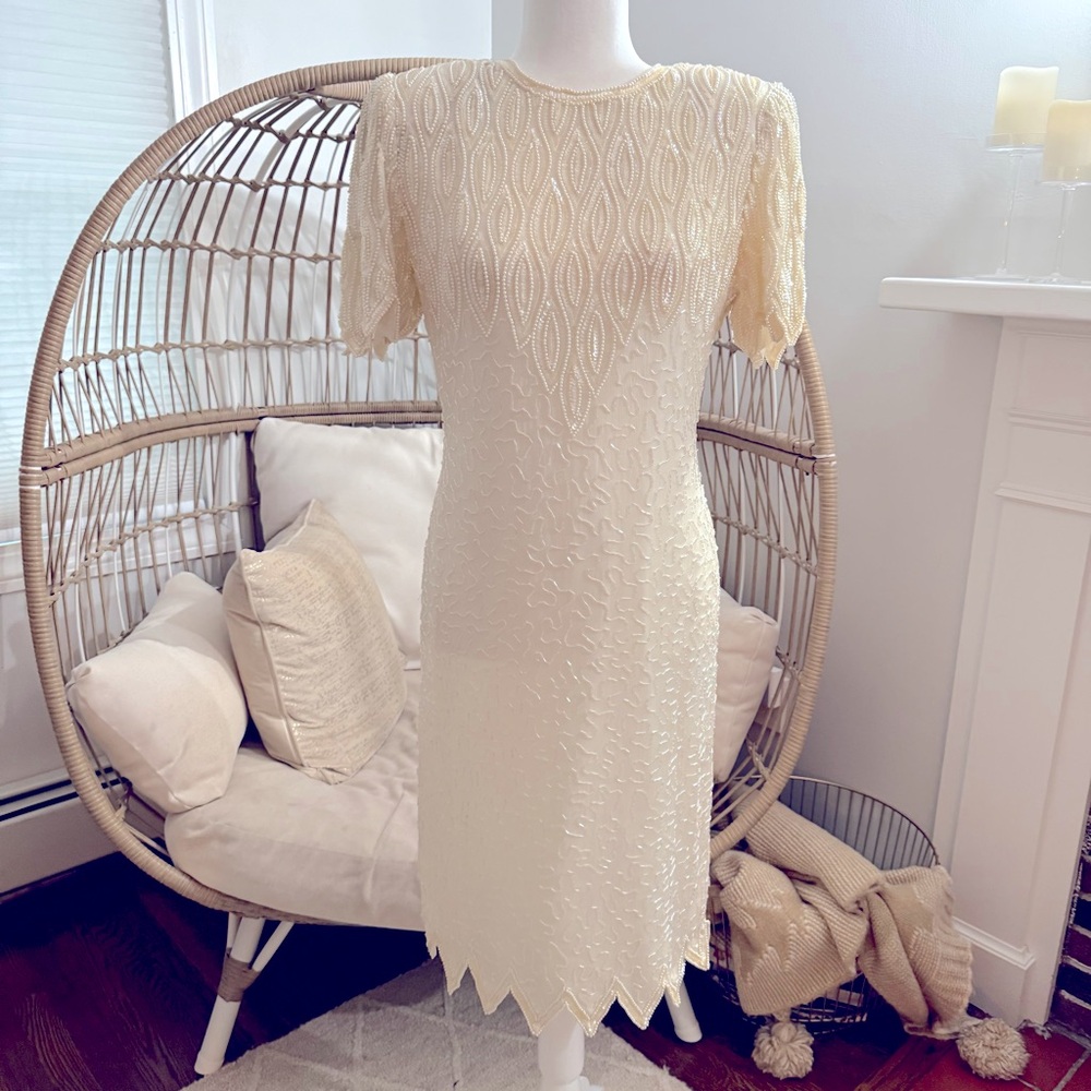 Brilliante by‎ J.A. Silk Beaded Ivory Cocktail Dress Women's Small Gatsby Party